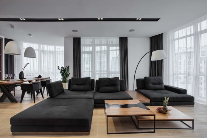 combinación de colores en el salón en tonos blanco y negro