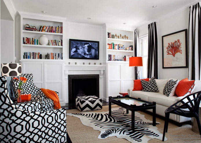 sala de estar en blanco y negro con acentos brillantes