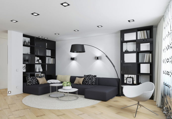 muebles y textiles para el salón en tonos blanco y negro
