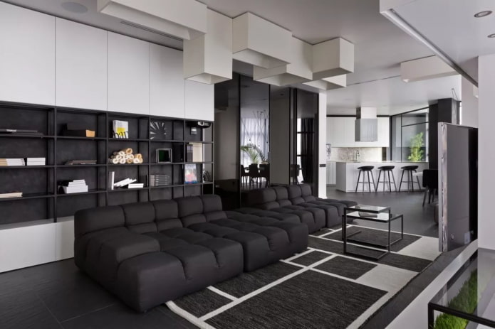 Interior de la sala de estar en tonos blanco y negro