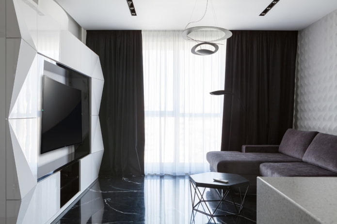 Muebles y textiles en el salón en blanco y negro