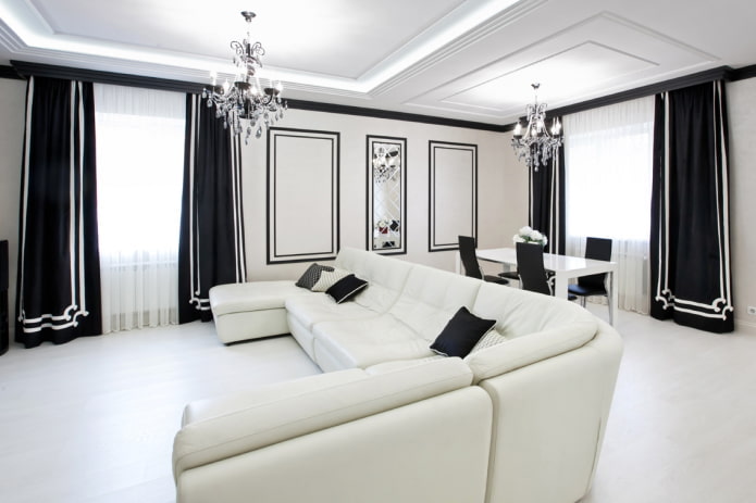iluminación y decoración de salón en blanco y negro