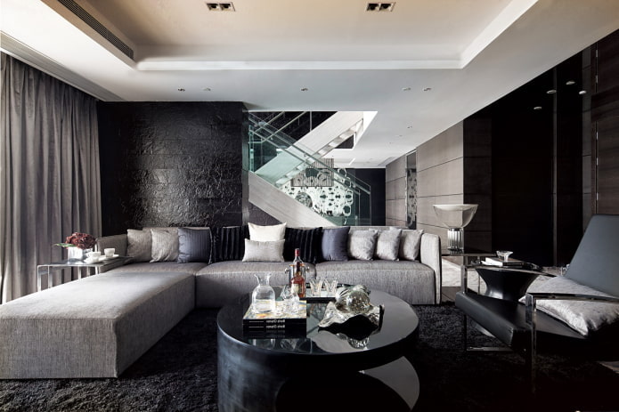 combinación de colores en el salón en tonos blanco y negro