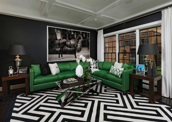 sala de estar en blanco y negro con acentos brillantes