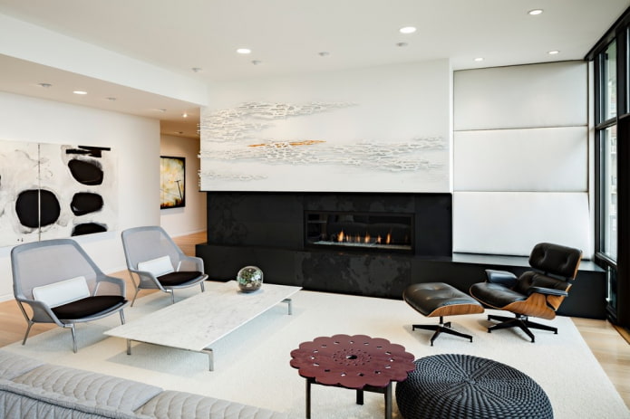 diseño interior de sala de estar en blanco y negro