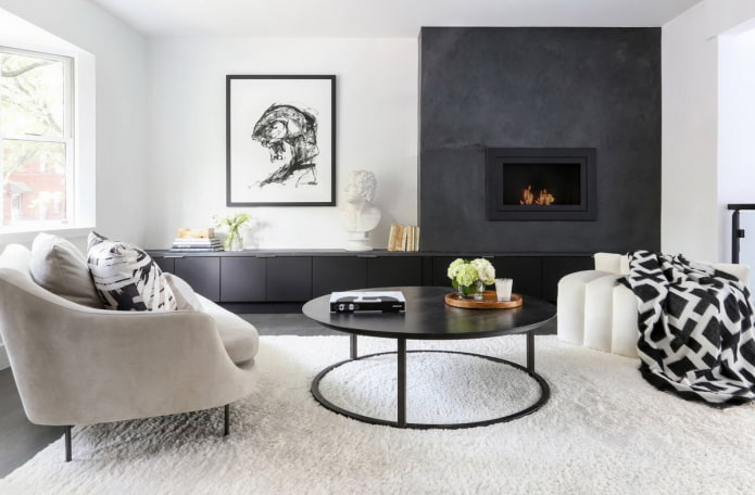 diseño interior de sala de estar en blanco y negro