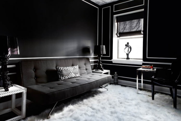 Decoración de salón en tonos blanco y negro