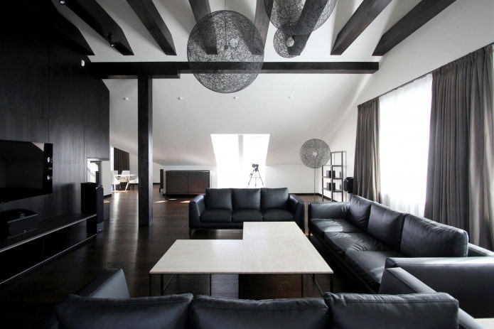 salón en tonos blanco y negro en estilo loft