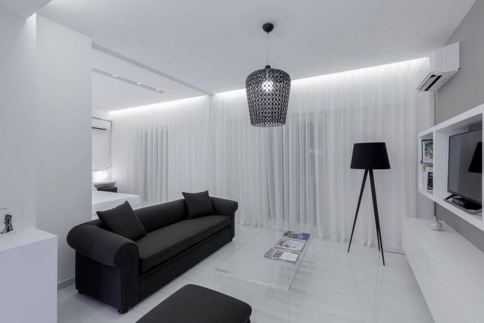 diseño interior de sala de estar en blanco y negro
