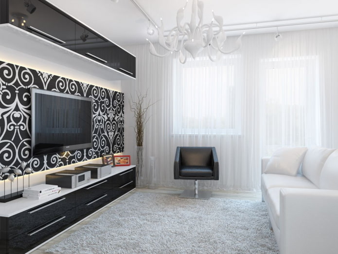 diseño interior de sala de estar en blanco y negro