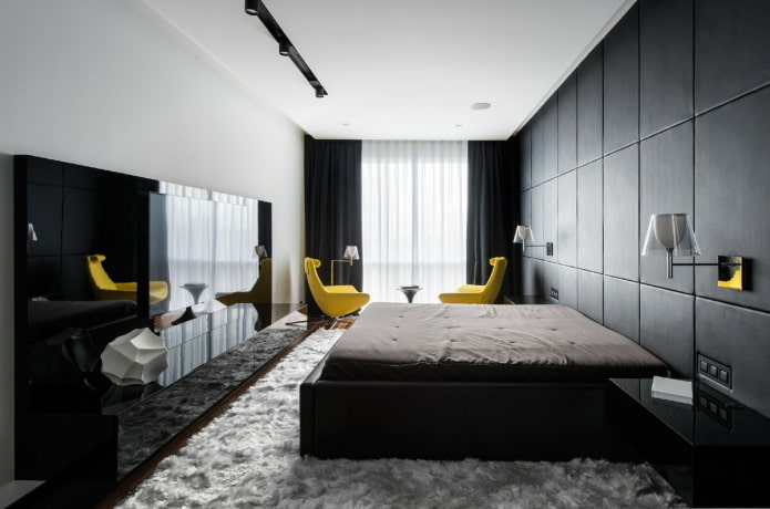 muebles en el interior del dormitorio en tonos blanco y negro