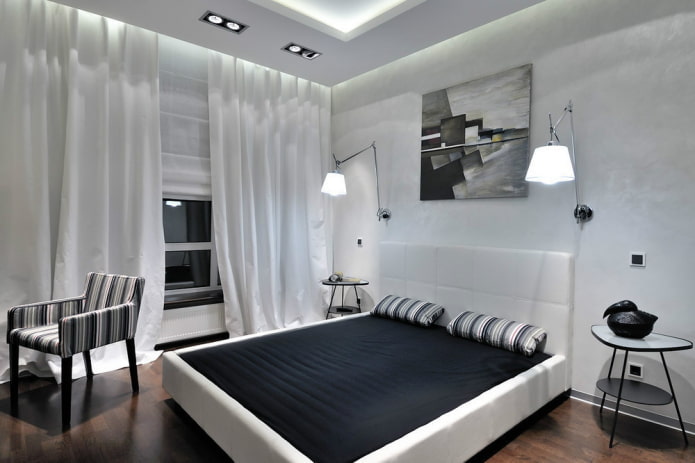 Decoración e iluminación de dormitorio en blanco y negro