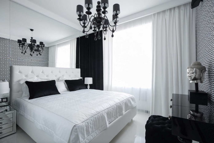 Textiles en el interior del dormitorio en tonos blanco y negro