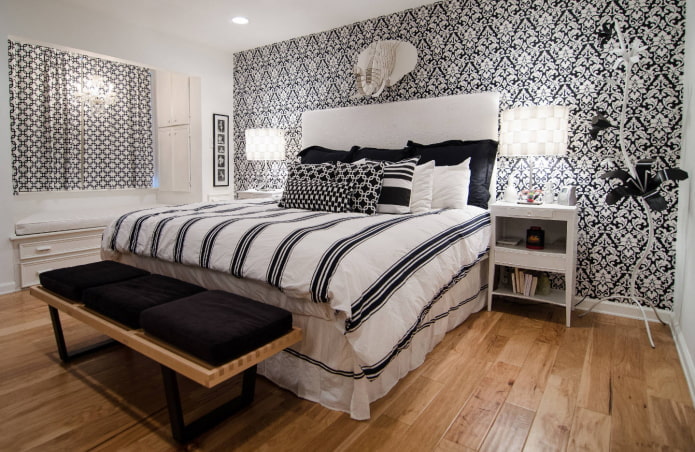 decoración de dormitorio en blanco y negro