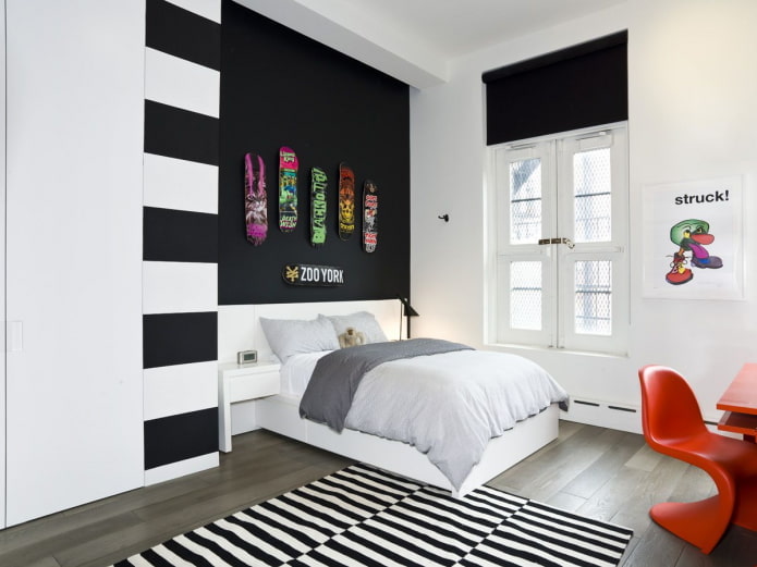 diseño interior de dormitorio en blanco y negro