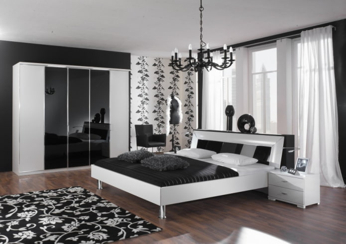 muebles en el interior del dormitorio en tonos blanco y negro