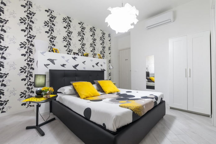diseño interior de dormitorio en blanco y negro