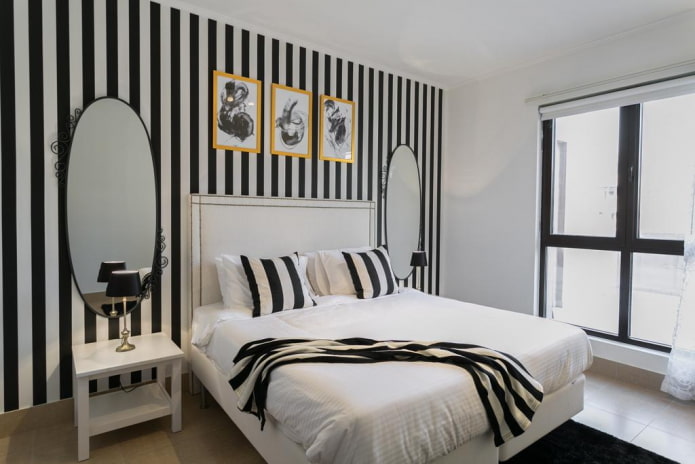 Decoración e iluminación de dormitorio en blanco y negro