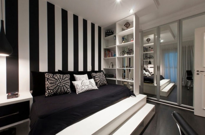 tonos de diseño de interiores de dormitorio en blanco y negro