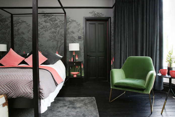 dormitorio en tonos gris oscuro y negro