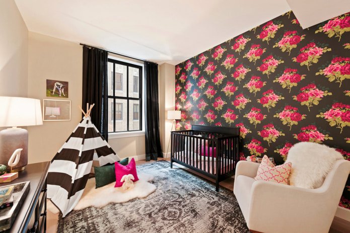 papel pintado negro y rosa para la habitación infantil