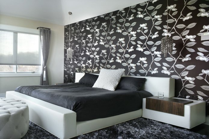 papel pintado blanco y negro en el dormitorio