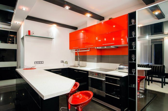 Juego de cocina negro y naranja con barra