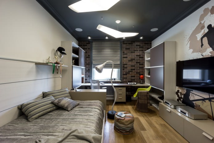 Revestimiento de techo negro en la habitación infantil