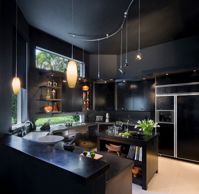 black wall and ceiling in the kitchen