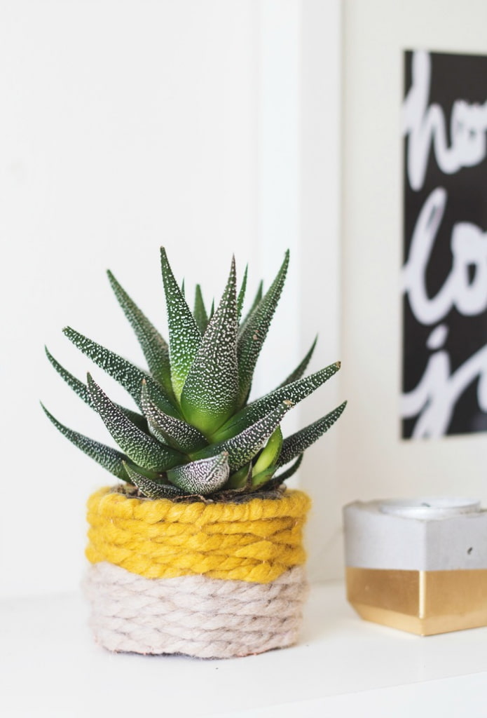 maceta decorada con hilos