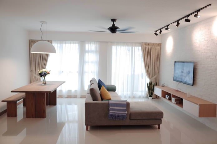Decoración de paredes en la sala de estar con papel pintado de ladrillo blanco