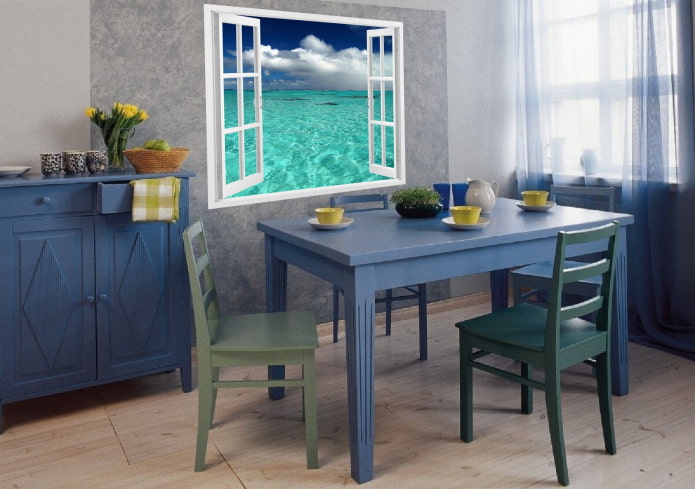 Mesa de madera azul en el interior