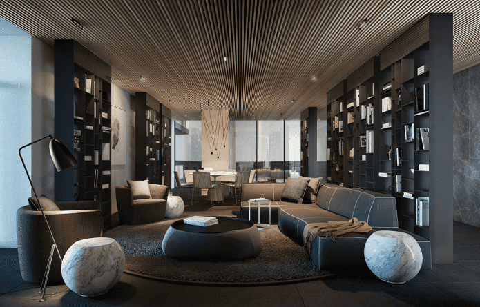 Techo de lamas de madera en el salón