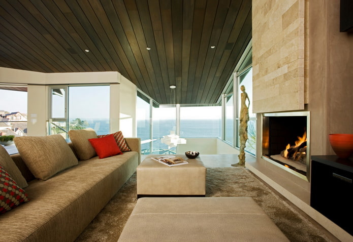 Techo de madera marrón en el salón