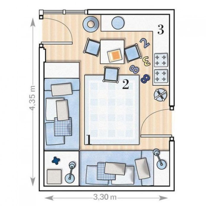 distribución de la habitación infantil para 2 niños