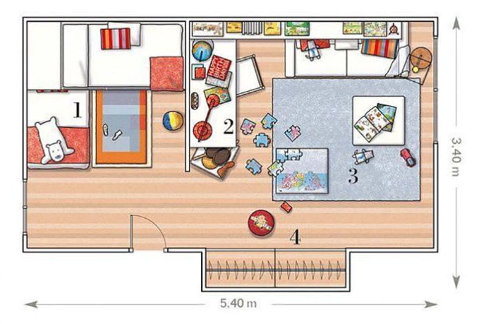 Disposición de la habitación infantil para 2 niños niños