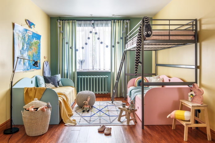muebles en el interior de un dormitorio para niños de diferentes sexos