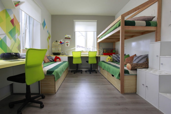 interior de un dormitorio para tres niños