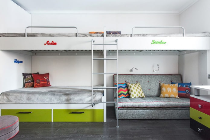 interior de un dormitorio para tres niños