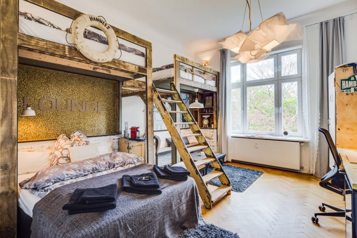 Interior de dormitorio para tres niños