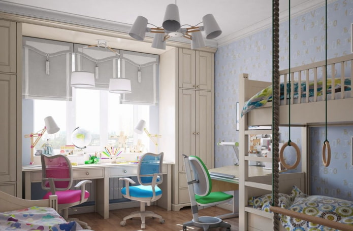 Diseño de habitación para tres niños de diferentes sexos