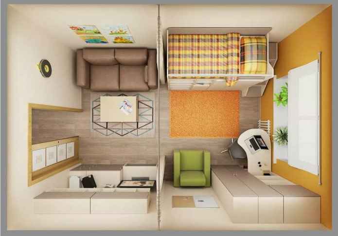 Habitación infantil y salón en un apartamento de una habitación