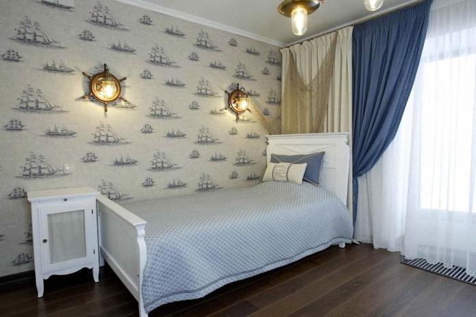 Decoración y textiles para el interior de una habitación infantil de estilo marinero