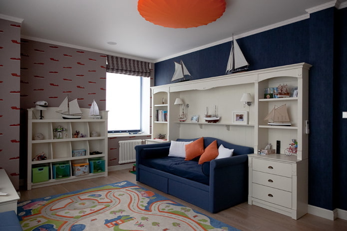 Esquema de colores de un dormitorio infantil de estilo marinero
