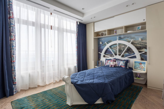 Interior de habitación infantil para niño en estilo marinero