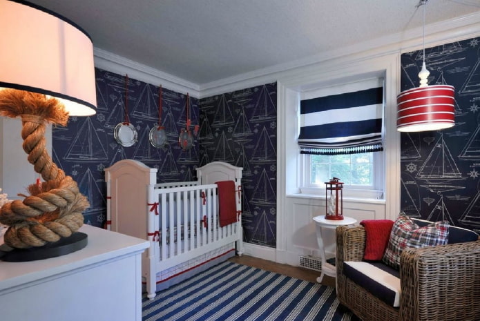 diseño de una habitación infantil para recién nacidos en estilo marinero