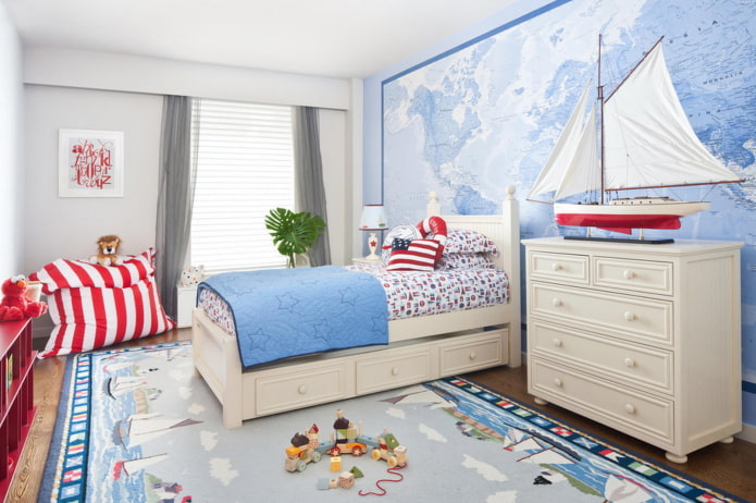 Interior de habitación infantil para niño en estilo marinero