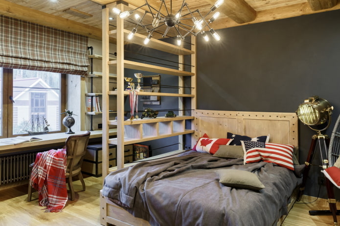 Textiles en el interior de una habitación infantil de estilo industrial