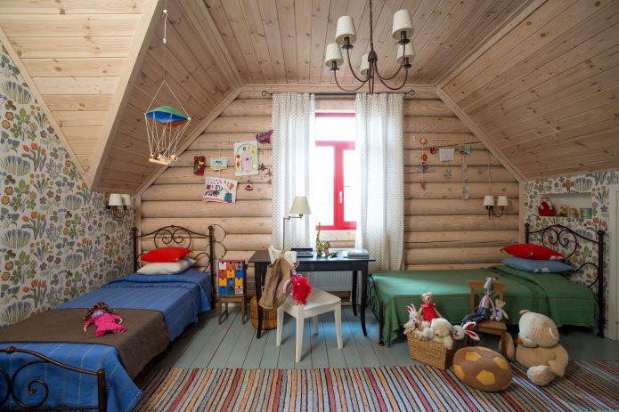 para niños Diseño de habitación en una casa de troncos de madera