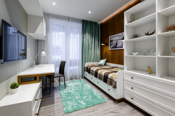 Habitación en tonos madera y menta